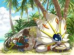  1girl backpack bag baseball_cap black_hair blonde_hair capri_pants closed_eyes cloud day from_behind gen_7_pokemon grass hat lillie_(pokemon) long_hair natsuno_hamuto palm_tree pants pokemon pokemon_(creature) pokemon_(game) pokemon_sm ponytail shirt short_hair short_sleeves skirt sky sleeping solgaleo squatting striped striped_shirt tree white_shirt white_skirt you_(pokemon) 