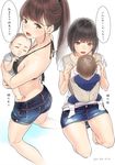  ama_mitsuki baby babywearing bangs barefoot black_bikini_top black_hair blunt_bangs brown_hair carrying commentary dated denim denim_shorts long_hair multiple_girls open_mouth original panties pantyshot ponytail short_hair short_shorts shorts simple_background smile translated underwear white_background 