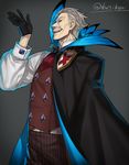  ascot black_gloves cloak facial_hair fate/grand_order fate_(series) feathers gloves highres james_moriarty_(fate/grand_order) male_focus mustache nagiko_(mangalove1111) pants pinstripe_pattern striped twitter_username vertical-striped_pants vertical_stripes vest waistcoat white_hair 