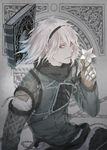  book chain commentary expressionless flower gauntlets grimoire_weiss hairband katagawa_mika long_sleeves looking_at_viewer lunar_tear male_focus muted_color nier nier_(series) nier_(young) o-ring pale_skin solo upper_body white_hair 