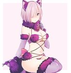  animal_ears bad_id bad_pixiv_id bangs blush breasts closed_mouth commentary_request dangerous_beast elbow_gloves fate/grand_order fate_(series) fox_ears fox_tail fur-trimmed_gloves fur-trimmed_legwear fur_collar fur_trim gloves hair_over_one_eye holding_tail kamata_(pixiv3626465) lavender_hair looking_at_viewer mash_kyrielight medium_breasts navel pink_background purple_eyes purple_hair purple_legwear revealing_clothes short_hair simple_background sitting solo tail thighhighs thighs yokozuwari 