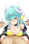  1girl bangs bikini blue_hair breasts cleavage commentary detached_collar eyebrows_visible_through_hair fate/grand_order fate_(series) heart highres horns kiyohime_(fate/grand_order) kiyohime_(swimsuit_lancer)_(fate) large_breasts long_hair long_sleeves looking_at_viewer parted_lips sidelocks simple_background solo_focus swimsuit watari1118 white_background yellow_bikini yellow_eyes 