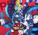  anagosamaeru blue_eyes blue_gloves blue_hair fox_mask gloves goemon_(persona_5) hand_on_own_face kitagawa_yuusuke looking_at_viewer mask mask_removed persona persona_5 pompadour popped_collar red_background yellow_eyes 