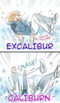  2boys 2koma blonde_hair caliburn carrying character_name comic covering_face directional_arrow english excalibur hands_on_own_face hood hoodie lady_of_the_lake lake male_focus multiple_boys original pants partially_submerged personification rosel-d short_hair sparkle splashing touken_ranbu white_pants 