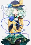  black_hat black_legwear blue_flower blue_rose commentary_request cowboy_shot flower green_eyes green_hair green_skirt hat hat_flower hat_ribbon heart heart_of_string highres komeiji_koishi long_sleeves looking_at_viewer miniskirt nuudoru one_eye_closed ribbon rose shirt skirt smile solo thighhighs third_eye touhou wide_sleeves yellow_ribbon yellow_shirt 