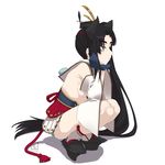  armor ass black_hair blue_eyes blue_gloves breasts detached_sleeves fate/grand_order fate_(series) gloves highres long_hair shimomoto sideboob small_breasts socks solo squatting ushiwakamaru_(fate/grand_order) very_long_hair white_legwear 