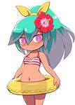  aqua_hair beachhime bikini blush bottomless breasts commentary_request eyebrows_visible_through_hair flower hair_between_eyes hair_flower hair_ornament hibiscus high_ponytail innertube long_hair looking_at_viewer multicolored_hair navel nollety pink_eyes simple_background small_breasts smile solo striped striped_bikini swimsuit tan two-tone_hair white_background youkai_watch 