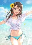  :d aqua_bikini bangs bikini bikini_under_clothes blue_sky breasts brown_eyes brown_hair commentary_request cowboy_shot day eyebrows_visible_through_hair flower hair_flower hair_ornament highres long_hair looking_at_viewer md5_mismatch medium_breasts morikura_en navel ocean open_mouth original outdoors outstretched_arms petals see-through shirt short_sleeves side-tie_bikini sky small_breasts smile solo sunflower swimsuit teeth thighs tied_shirt wet wet_clothes wet_shirt white_shirt 