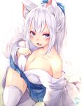  :d animal_ear_fluff animal_ears arm_support bangs blue_eyes blue_hakama breasts chita_(ketchup) cleavage collarbone fang fox_ears fox_girl fox_tail from_above hair_ribbon hakama hand_on_own_chest highres hikimayu japanese_clothes kimono large_breasts long_hair long_sleeves looking_at_viewer no_shoes off_shoulder open_mouth original ribbon signature sitting smile solo tail teeth thighhighs twitter_username white_hair white_legwear wide_sleeves yokozuwari 
