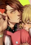  barnaby_brooks_jr beard blonde_hair blush brown_eyes brown_hair facial_hair green_eyes heart kaburagi_t_kotetsu multiple_boys nianbingzi stuffed_animal stuffed_bunny stuffed_toy tiger_&amp;_bunny wristband 