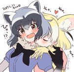  animal_ears black_bow black_gloves black_hair black_neckwear blonde_hair blush bow bowtie brown_eyes closed_eyes commentary_request common_raccoon_(kemono_friends) dated eyebrows_visible_through_hair fang fennec_(kemono_friends) fox_ears fur_collar gloves grey_hair hair_between_eyes hand_on_another's_shoulder heart kemono_friends kiss_day licking looking_at_viewer mugi_(iccomae) multicolored_hair multiple_girls neck_licking puffy_short_sleeves puffy_sleeves raccoon_ears short_hair short_sleeves simple_background surprised tongue tongue_out translated twitter_username upper_body wavy_mouth white_background yellow_gloves yuri 