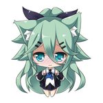  animal_ears aqua_eyes blue_neckwear blush cat_ears chibi commentary_request detached_sleeves green_hair hair_between_eyes hair_ornament hair_ribbon hairclip kantai_collection kemonomimi_mode long_hair looking_at_viewer peta_(taleslove596) pleated_skirt ribbon school_uniform serafuku simple_background skirt solo wavy_mouth white_background yamakaze_(kantai_collection) 