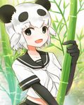  :d animal_ears bamboo bear_girl black_eyes black_gloves collarbone commentary_request elbow_gloves giant_panda_(kemono_friends) gloves hair_flaps kemono_friends looking_at_viewer midriff mugi_(iccomae) open_mouth panda_ears sailor_collar short_hair short_sleeves smile solo twitter_username upper_body white_hair 