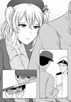  2boys admiral_(kantai_collection) alternate_costume beret burn_scar casual comic commentary english_commentary glaring glasses greyscale hat highres kantai_collection kashima_(kantai_collection) monochrome multiple_boys robba-san_(wangphing) scar sweat trembling twintails wangphing 
