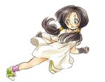  :o black_hair blue_eyes dragon_ball dragon_ball_z eyebrows_visible_through_hair full_body gloves green_footwear long_hair looking_away open_mouth shirt shoes simple_background socks solo tkgsize twintails videl white_background white_shirt 