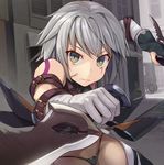  bandaged_arm bandages bangs black_gloves black_legwear black_panties closed_mouth commentary dagger dual_wielding facial_scar fate/apocrypha fate_(series) fingerless_gloves gloves grey_eyes grey_hair hinami_(hinatamizu) holding holding_weapon jack_the_ripper_(fate/apocrypha) looking_at_viewer outdoors panties reverse_grip scar scar_across_eye scar_on_cheek short_hair sidelocks single_fingerless_glove single_glove solo thighhighs thighs underwear weapon 