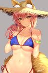  animal_ears bikini blue_bikini blush bracelet breasts cleavage commentary_request ears_through_headwear fate/extra fate/grand_order fate_(series) fox_ears fox_tail hat jewelry large_breasts long_hair looking_at_viewer low_tied_hair matarou_(genkai_toppa) navel pink_hair side-tie_bikini side_ponytail smile solo straw_hat sun_hat swimsuit tail tamamo_(fate)_(all) tamamo_no_mae_(fate) tamamo_no_mae_(swimsuit_lancer)_(fate) yellow_eyes 