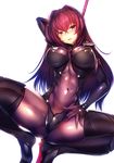  bodysuit covered_navel covered_nipples fate/grand_order fate_(series) highres long_hair looking_at_viewer polearm purple_hair scathach_(fate)_(all) scathach_(fate/grand_order) silly_(marinkomoe) solo spear squatting weapon white_background 