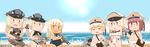  =_= anchor_hair_ornament bag beach bikini bismarck_(kantai_collection) blonde_hair blue_eyes brown_eyes brown_hair capriccyo commentary_request cowboy_shot day graf_zeppelin_(kantai_collection) gun hair_ornament hat highres kantai_collection long_hair low_twintails multiple_girls one-piece_tan open_mouth peaked_cap prinz_eugen_(kantai_collection) ro-500_(kantai_collection) rocket_launcher sailor_bikini sailor_collar school_swimsuit short_hair silver_hair standing swimsuit tan tanline twintails twitter_username water_gun weapon weapon_request white_bikini z1_leberecht_maass_(kantai_collection) z3_max_schultz_(kantai_collection) 