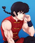  artist_name black_eyes black_hair blue_background braid chinese_clothes looking_to_the_side male_focus muscle parted_lips ponytail ranma_1/2 salaiix saotome_ranma solo 