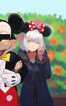  ahoge animal_ears bar_censor bow casual censored coat commentary_request cross day disney fate/grand_order fate_(series) flower fur_trim gloves identity_censor jeanne_d'arc_(alter)_(fate) jeanne_d'arc_(fate)_(all) mickey_mouse mouse_ears open_mouth outdoors polka_dot polka_dot_bow short_hair smile tuxedo_jacket v wavy_mouth white_gloves white_hair yellow_eyes yue_(tada_no_saboten) 
