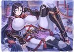  bodysuit breasts commentary curvy fate/grand_order fate_(series) fingerless_gloves gloves huge_breasts long_hair looking_at_viewer low-tied_long_hair lying minamoto_no_raikou_(fate/grand_order) mogudan on_back purple_eyes shin_guards shiny shiny_clothes solo thick_thighs thighs toes vambraces very_long_hair 
