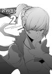  commentary_request earrings english greyscale hand_on_own_face jacket jewelry long_hair monochrome nose official_art ponytail rwby solo title weiss_schnee yasuda_suzuhito 