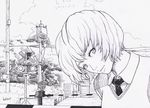  absurdres artist_name ayanami_rei black_neckwear cloud day greyscale highres looking_at_viewer monochrome necktie neon_genesis_evangelion outdoors power_lines railroad_crossing salaiix short_hair solo vest 