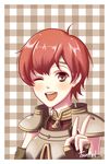  armor blush breastplate brown_eyes est fingerless_gloves fire_emblem fire_emblem:_ankoku_ryuu_to_hikari_no_tsurugi fire_emblem:_monshou_no_nazo fire_emblem:_shin_ankoku_ryuu_to_hikari_no_tsurugi fire_emblem:_shin_monshou_no_nazo fire_emblem_echoes:_mou_hitori_no_eiyuuou fire_emblem_gaiden gloves headband highres looking_at_viewer one_eye_closed smile solo tsuntail v 