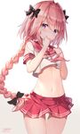  ass_visible_through_thighs astolfo_(fate) bangs black_bow blush bow braid breasts closed_mouth commentary_request cowboy_shot crop_top eyebrows_visible_through_hair fate/apocrypha fate/grand_order fate_(series) hair_bow hair_ribbon long_hair looking_at_viewer male_focus midriff navel neckerchief otoko_no_ko pink_hair pink_neckwear pleated_skirt purple_eyes red_sailor_collar red_skirt ribbon rin_yuu sailor_collar school_uniform serafuku shirt short_sleeves single_braid skirt sleeve_cuffs small_breasts solo standing thigh_gap very_long_hair white_shirt 