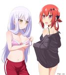  adjusting_bra adjusting_clothes bad_id bad_pixiv_id bat_hair_ornament black_bra black_shirt bra breast_hold breasts c: cross_hair_ornament dot_nose gabriel_dropout hair_ornament hair_ribbon hair_rings highres kurumizawa_satanichia_mcdowell large_breasts long_hair looking_back midriff multiple_girls navel nyaroon open_mouth pants pink_bra purple_eyes red_hair ribbon shiraha_raphiel_ainsworth shirt smile track_pants twitter_username underwear undressing white_background white_hair 