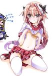  1other astolfo_(fate) black_bow blonde_hair blush bow braid chevalier_d'eon_(fate/grand_order) fang fang_out fate/apocrypha fate/grand_order fate_(series) hair_ribbon hiding highres lifted_by_self long_hair male_focus navel otoko_no_ko pink_hair purple_eyes ribbon senomoto_hisashi shirt_lift single_braid smile white_legwear 