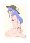  1girl bangs barefoot bikini blue_hair bondage feet flat_chest hat hinanawi_tenshi kani legs long_hair nail_polish navel open_mouth orange_eyes red_bikini rope side-tie_bikini sidelocks simple_background sitting solo touhou 