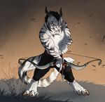 anthro arrow blackchaos666 blue_eyes bow charr claws clothing fangs feline female fighting_stance flat_chested fluffy fluffy_tail fur guild_wars horn looking_at_viewer mammal mane multi_ear simple_background solo video_games white_fur 
