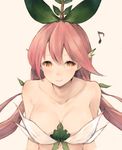 arms_at_sides bangs beige_background blush breasts closed_mouth collarbone commentary_request eighth_note eyebrows_visible_through_hair granblue_fantasy hair_between_eyes highres humming koretsuki_azuma large_breasts long_hair looking_at_viewer low_twintails musical_note pink_hair plant_girl smile solo twintails upper_body yellow_eyes yggdrasil_(granblue_fantasy) 