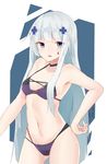  bangs bikini black_bikini blunt_bangs breasts choker cowboy_shot girls_frontline grey_eyes hair_ornament hk416_(girls_frontline) inniyik long_hair looking_at_viewer small_breasts solo swimsuit teardrop white_hair 