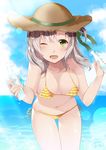  :d bare_arms bare_shoulders bikini blush bottle breasts cloud cloudy_sky collarbone commentary_request cowboy_shot dated day green_eyes halterneck hat highres holding holding_bottle kadzuki_kan kantai_collection kinugasa_(kantai_collection) leaning_forward lens_flare long_hair looking_at_viewer medium_breasts micro_bikini navel one_eye_closed open_mouth outdoors side-tie_bikini signature sky smile solo stomach straw_hat swimsuit w_arms yellow_bikini 