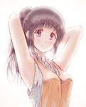  apron armpits arms_behind_head arms_up bangs black_hair bluez blunt_bangs breasts casual chitanda_eru eyebrows_visible_through_hair hyouka long_hair looking_at_viewer medium_breasts ponytail purple_eyes simple_background sleeveless smile solo upper_body white_background 