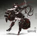  armor armored_boots black_footwear black_gloves black_hair black_legwear black_serafuku black_shirt black_skirt boots breasts burning_eyes cleavage floating_hair full_body girls_frontline gloves high_heel_boots high_heels highres infukun knee_boots long_hair medium_breasts midriff miniskirt navel ouroboros_(girls_frontline) outstretched_arm platform_boots platform_footwear pleated_skirt red_eyes school_uniform serafuku shirt short_sleeves skirt smile solo standing stomach thighhighs torn_clothes torn_legwear torn_shirt torn_skirt twintails underboob very_long_hair 