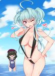  ;d ahoge bare_shoulders black_swimsuit blue_hair blue_sky blush breasts cagliostro_(symphogear) cloud collarbone commentary_request day debutya_aki empty_eyes eyebrows_visible_through_hair green_hair hair_between_eyes hat heart heart_ring large_breasts long_hair looking_at_viewer multiple_girls navel one_eye_closed open_mouth prelati_(symphogear) purple_eyes school_swimsuit senki_zesshou_symphogear shiny short_hair sky slingshot_swimsuit smile standing swimsuit water wet 