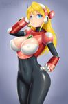  alia_(rockman) artist_name blonde_hair blue_eyes bodysuit breasts cameltoe cleavage covered_navel covered_nipples hand_in_hair highres impossible_clothes kainkout large_breasts open_mouth rockman rockman_x signature simple_background solo white_background 