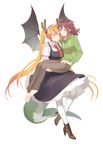  barefoot blonde_hair blush brown_eyes brown_hair carrying demon_wings dragon_girl dragon_horns dragon_tail glasses highres hood hoodie horns kobayashi-san_chi_no_maidragon kobayashi_(maidragon) long_hair looking_at_another maid multiple_girls necktie pants pantyhose princess_carry red_eyes red_neckwear shoes short_sleeves shuaiaba smile standing tail tooru_(maidragon) twintails very_long_hair white_background wings yuri 