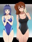  black_swimsuit blue_hair blue_swimsuit breasts brown_eyes brown_hair cleavage competition_swimsuit covered_navel cowboy_shot green_towel hair_intakes highres kagemusha large_breasts long_hair medium_breasts multiple_girls one-piece_swimsuit original ponytail smile swimsuit towel 