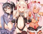  animal_ear_fluff animal_ears ass_visible_through_thighs baram bare_hips bare_shoulders bell black_hair black_legwear black_leotard black_panties black_skirt blonde_hair blush breasts breasts_apart brown_eyes cat_ears cat_girl center_opening chloe_von_einzbern claws collar commentary_request crop_top dark_skin elbow_gloves fake_animal_ears fate/kaleid_liner_prisma_illya fate_(series) fur-trimmed_skirt fur_collar gloves grey_legwear groin hair_ornament hairclip highres illyasviel_von_einzbern jingle_bell leotard long_hair looking_at_viewer microskirt midriff miyu_edelfelt multiple_girls navel o-ring open_mouth panties paw_gloves paw_pose paw_shoes paws pink_hair ponytail red_eyes ribbon shoes skirt small_breasts smile stomach thigh_gap thighhighs tongue tongue_out twintails underwear 
