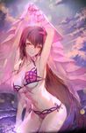  arm_up armpits bikini blurry bokeh breasts cleavage cloud cloudy_sky contrapposto cowboy_shot depth_of_field fate/grand_order fate_(series) flower hair_flower hair_ornament halterneck hibiscus hong large_breasts long_hair navel outdoors parted_lips pink_eyes purple_hair scathach_(fate)_(all) scathach_(swimsuit_assassin)_(fate) side-tie_bikini sky smile solo standing swimsuit very_long_hair wading 