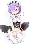  blue_eyes blush bottomless bow bow_legwear bow_panties breasts cleavage hair_ornament hair_over_one_eye heart looking_at_viewer maid maid_headdress navel no_shoes panties panties_removed pink_ribbon purple_hair randou re:zero_kara_hajimeru_isekai_seikatsu rem_(re:zero) ribbon seiza short_hair simple_background sitting sleeveless small_breasts smile solo thighhighs translated underwear white_background white_legwear white_panties x_hair_ornament 