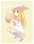  1girl ? bare_shoulders beige_background bird blonde_hair blue_bow blush border bow braid character_name dress english full_body green_eyes hands_up hat hat_bow highres kaerunoko kneehighs lillie_(pokemon) long_hair nervous pokemon pokemon_(creature) pokemon_(game) pokemon_sm rowlet see-through shoes simple_background sleeveless sleeveless_dress socks squatting sun_hat sweat text trembling twin_braids white_border white_dress white_hat white_shoes white_socks 