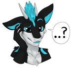  ? black_fur black_skin blue_eyes blue_fur blue_tongue chest_tuft confusion cute dragon eclipse emoji emoji_sticker fur furred_dragon horn male mane markings monokurome portrait scalie scratching_head solo sticker teeth tuft white_fur white_skin 