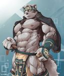  armor brown_fur bulge clothing fur gauntlets gloves headband horkeukamui jackets loincloth male muscular muscular_male nipples one_eye_closed over_shoulders tokyo_afterschool_summoners waddledox white_fur yellow_eyes 