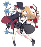  ange_(princess_principal) bangs blonde_hair blue_eyes blunt_bangs cape closed_mouth eyebrows_visible_through_hair flower flower_request frilled_skirt frills gloves gun hand_on_another's_chest hand_on_another's_hip handgun hat holding holding_gun holding_weapon hug light_brown_hair long_hair looking_at_viewer multiple_girls parted_lips princess princess_(princess_principal) princess_principal rose school_uniform simple_background skirt smile tianmeir weapon white_background yuri 